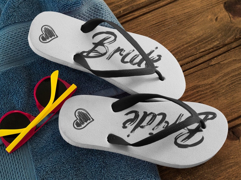 Bride Flip Flops for the Bride and Groom Beach Wedding Wedding Season Flip Flops for Him and Her Sandy Beach Wedding Flip Flops. image 4