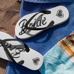 Bride Flip Flops for the Bride and Groom Beach Wedding Wedding Season Flip Flops for Him and Her Sandy Beach Wedding Flip Flops. image 3