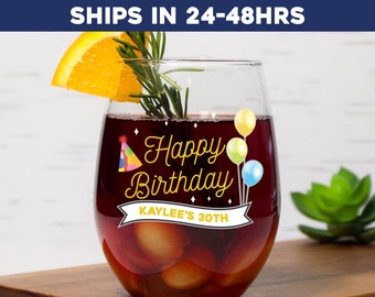 Happy birthday Personalized wine glass, Cute 30th birthday party favors, Custom name and age stemless birthday wine glass, Gift for her,