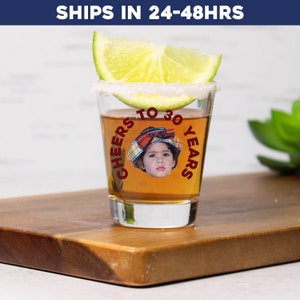 Cheers to 30 years shot glasses, Custom birthday shot glasses, 30th birthday decorations for her, Shot glass with face, Funny shot glasses