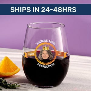Personalized aged to perfection stemless wine glass, 50th birthday party favors, Fun birthday gift, Custom face 50th birthday wine glass