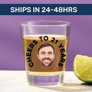 Cheers to 21 years shot glass, Bday shot glasses, 21st birthday party favors, 21st birthday shot glass, Shot glass with picture