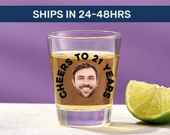 Cheers to 21 years shot glass, Bday shot glasses, 21st birthday party favors, 21st birthday shot glass, Shot glass with picture