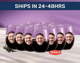 Personalized Face Wine Glass Set – 12 Pack Stemless – Group Hosting Gift