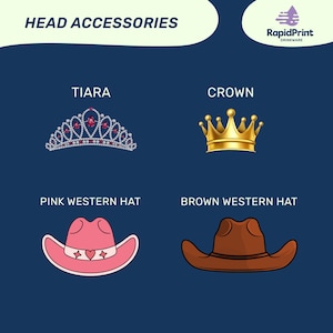 four head accessories: a tiara, a crown, a pink western hat, and a brown western hat.