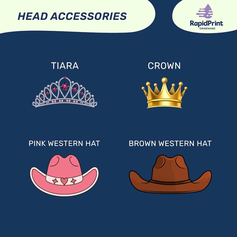 four head accessories: a tiara, a crown, a pink western hat, and a brown western hat.