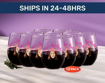Custom Wine Glasses with Face & Text – 12 Pack Stemless – Party Gift