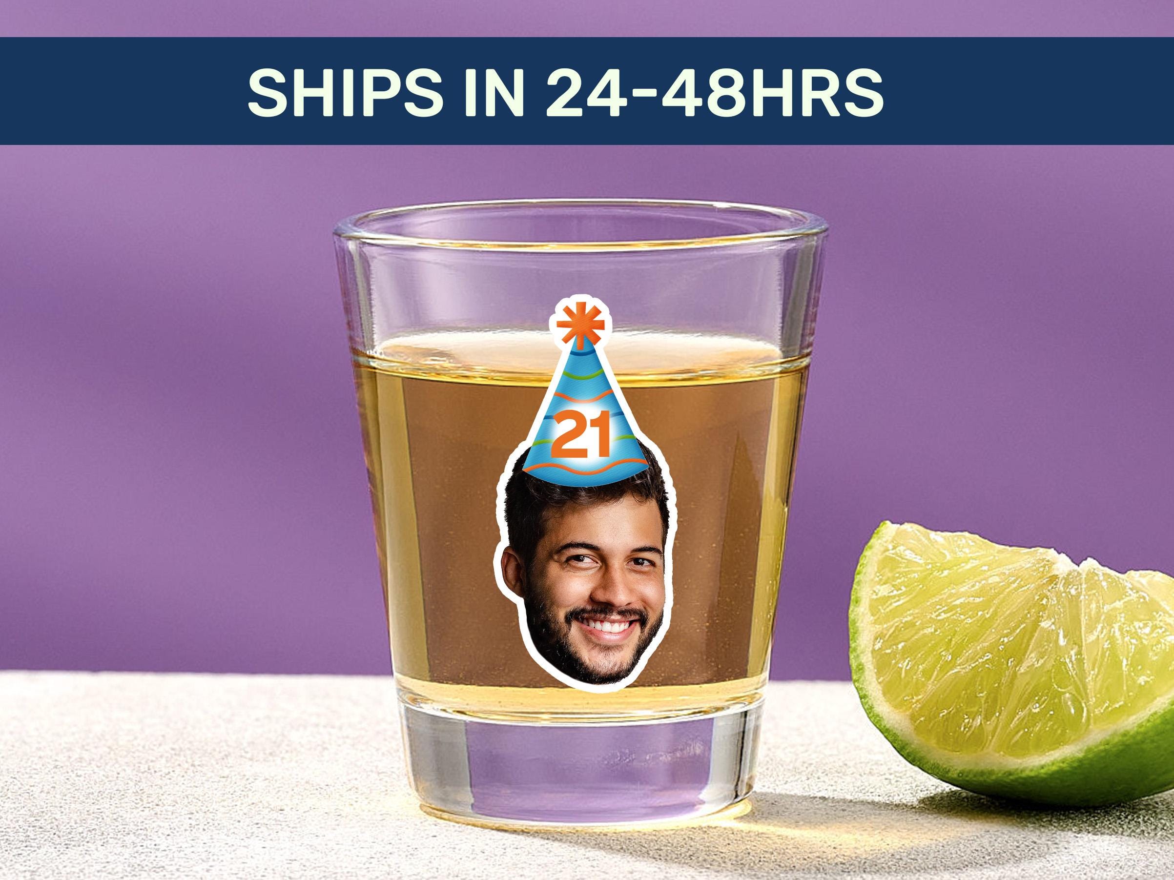 Twenty first birthday shot glass, Shot glasses for birthday party, Custom shot glass favors for guests, Personalized shot glass with face