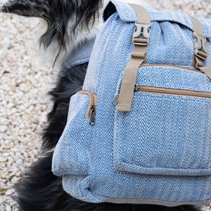 Peut inclure: Un sac à dos bleu et blanc à motifs avec des sangles et des boucles beiges. Le sac à dos est porté par un chien noir et blanc.