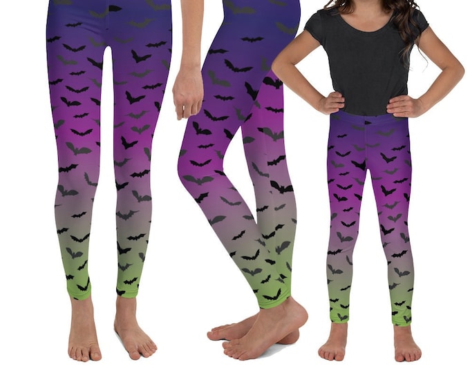 Kid's Leggings GIRLS HALLOWEEN LEGGINGS Baby Leggings Toddler Leggings Youth Leggings Purple and Green Bat Leggings for Halloween Kids Pants