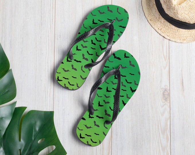 Neon Green Bat Print Flip-Flops: Unisex Halloween Sandals