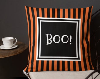 HALLOWEEN PILLOW Orange and Black Square Throw Pillow Home and Living Home Decor Halloween Decorations Couch Pillow 18" x 18" Premium Pillow