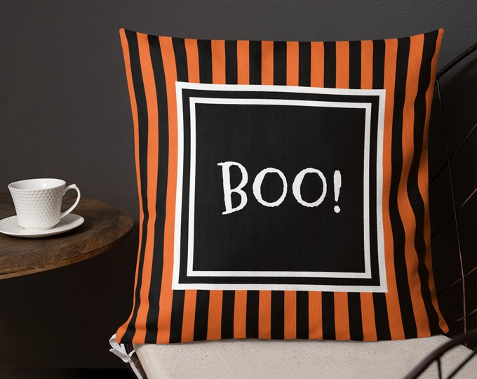 HALLOWEEN PILLOW Orange and Black Square Throw Pillow Home and Living Home Decor Halloween Decorations Couch Pillow 18" x 18" Premium Pillow