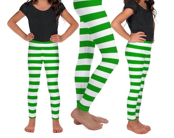 Elf Leggings GIRLS CHRISTMAS LEGGINGS Kids Legging Baby Leggings Toddler Leggings Youth Leggings Green and White Striped Leggings Kids