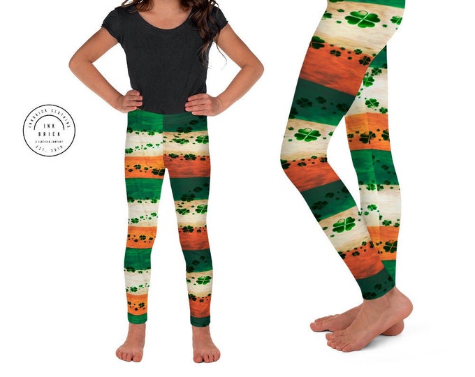 Irish Flag CLOVER LEGGINGS GIRLS Leggings Shamrock Leggings Clover Leggings for Kids Leggings Baby Leggings St Paddys Day Leggings for Girls