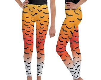 Girls Halloween Bat Leggings: Orange & Yellow Kids Pants