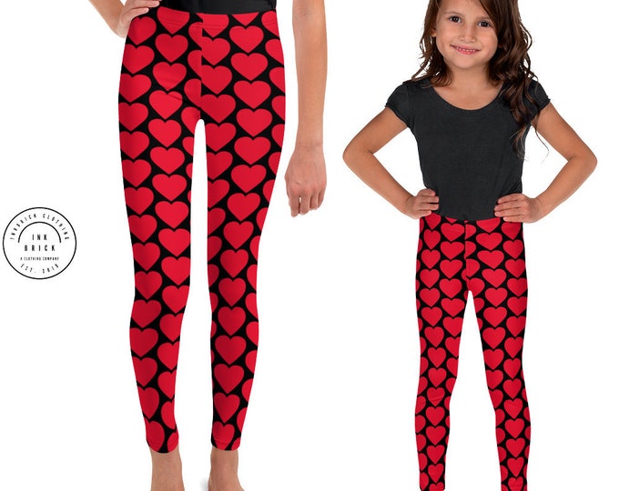 VALENTINES HEART LEGGINGS Red Heart Leggings Girls Leggings Baby Leggings Toddler Leggings Kid's Leggings Youth Leggings Pre-Teen Leggings