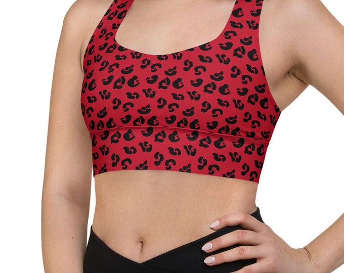 WOMENS SPORTS BRA / Crop Top Red and Black Cheetah Print Sports Bra Longline Sports Bra / Bralette / Yoga Top Workout Top Cropped Top