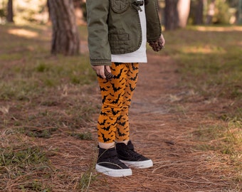 Halloween Bat Print Leggings: Orange & Black Kids Clothing