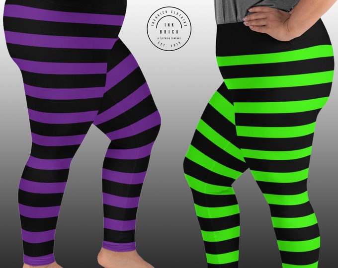 Plus Size WITCH LEGGINGS WOMENS Purple or Green Black Striped All-Over Print Plus Size Leggings Yoga Pants for Women Yoga Leggings Halloween