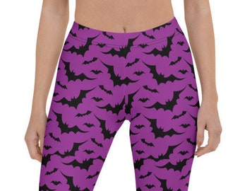 HALLOWEEN LEGGINGS WOMENS Bat Print Leggings Purple and Black Bat Leggings Womens Yoga Pants Yoga Leggings Women's Regular & Plus Sizes