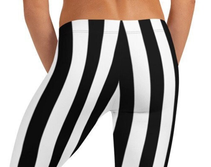REFEREE Leggings HALLOWEEN Yoga Leggings for WOMENS Leggings Black and White Vertical Striped Leggings Beatle Juice Cosplay Fashion Tights