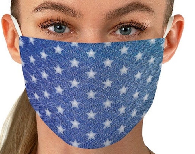 DENIM MASK Blue Denim Print Face Mask with Stars USA American Flag Mask Independence Day Fabric Face Mask Fourth of July Mask Accessories