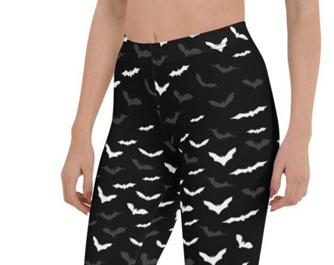 BAT LEGGINGS Black and White Bat Print HALLOWEEN Leggings Women's Bat Print Yoga Leggings Yoga Pants for Women Regular & Plus Size Leggings