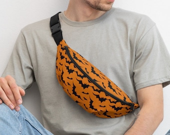 Halloween Bat Print Fanny Pack - Orange & Black Waist Bag