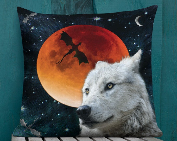 Arctic WOLF Game of Thrones Decorative THROW PILLOW Moon Galaxy Stars  Dire Wolf White Wolf Dragon Pillow Double Sided Print 18"x18" Square