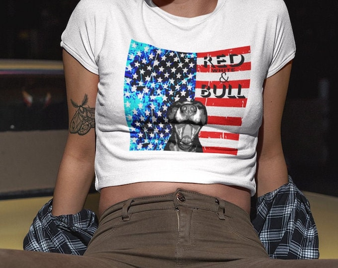 CROPPED T-SHIRT Cropped TOP Womens Patriotic American Flag Pit bull Dog T-Shirt Fine Jersey Short Sleeve Cropped T-Shirt Crop Top T-Shirt