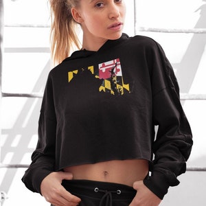 BANDERA DEL ESTADO DE MARYLAND Sudadera con capucha para mujeres Maryland Sudadera con capucha para mujeres Sudadera con capucha con capucha recortada Crop Top Eastern Shore Regalo para mujeres