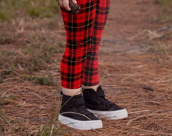Red Tartan Plaid Kids Leggings: Vibrant Girls & Baby Clothing