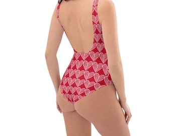 RED HEART SWIMSUIT Womens One-Piece Swimsuit Red and White One Piece Swimsuit Bathing Suit Swimwear for Women Leotard Bodysuit for Women