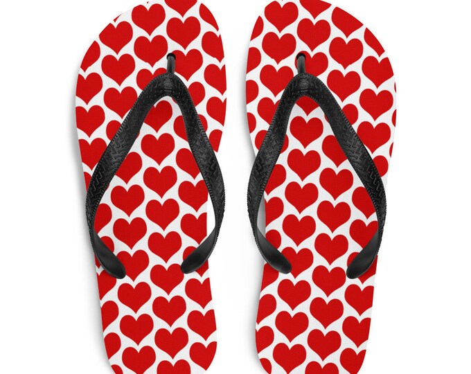HEART Flip-Flops Red and White Heart Print FLIP FLOPS with Black Thong Sandals and Sole Unisex Footwear Beach Shoes Sandals Summer Beachwear