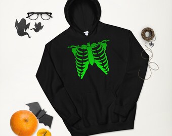 HALLOWEEN SKELETON HOODIE Black and Green Skeleton Bones Hooded Sweatshirt for Men or Women Unisex Hoodie Skull and Bones Hoodie Halloween