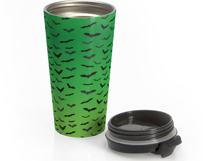 HALLOWEEN BAT MUG 15 oz Stainless Steel Travel Mug for Halloween Neon Green Black Tumbler Cup for Hot and Cold Beverages Gift Mug Travel Cup