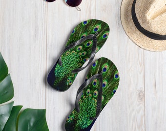 PEACOCK FLIP-FLOPS Thong Sandals Beach Flip Flops Peacock Feather Sandals Footwear Beach Clothing Rave Fashion Flip-Flops Summer Beach Wear