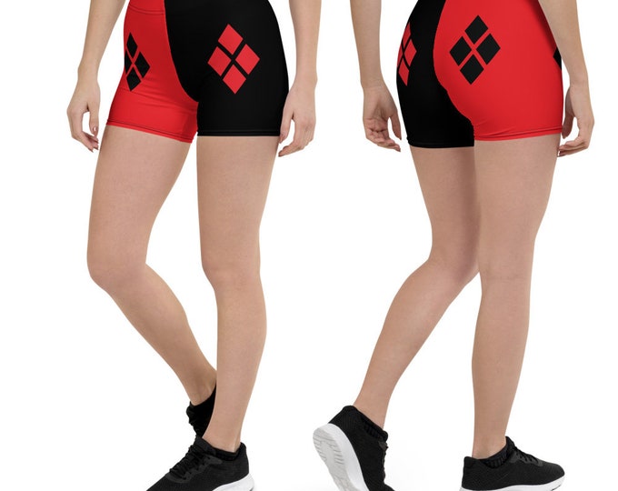 Harelquin Red and Black SHORTS with Diamonds Womens HALLOWEEN Costume Womens Shorts Cosplay Harelquin RED and Black Shorts Halloween Shorts