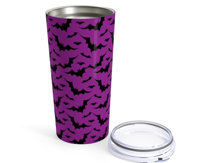 HALLOWEEN BAT Tumbler 20oz Purple and Black Halloween Bat Print Travel Mug Hot or Cold Tumbler Stainless Steel Mug Coffee Mug Water Mug