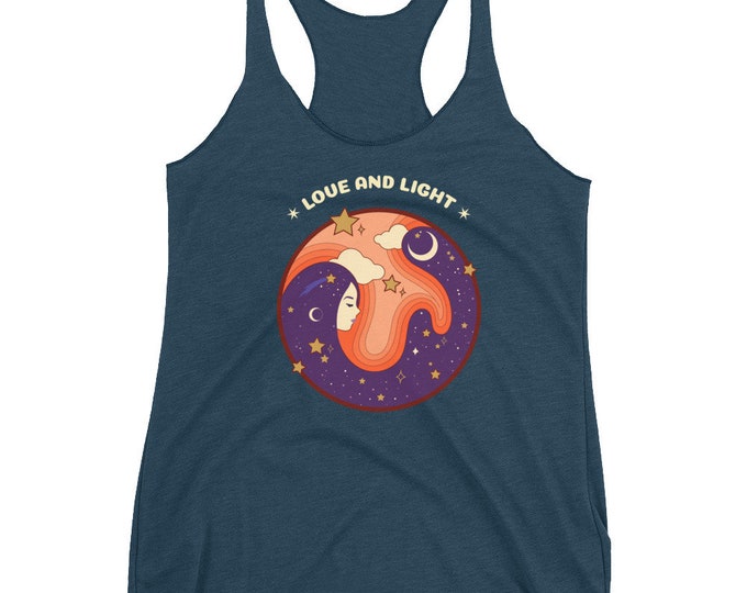 Love and Light TANK TOP Women's Racerback Tank Top YOGA Tank Top for Women Graphic Tank Top Yoga Clothing Work Out Tank Top Moon and Stars