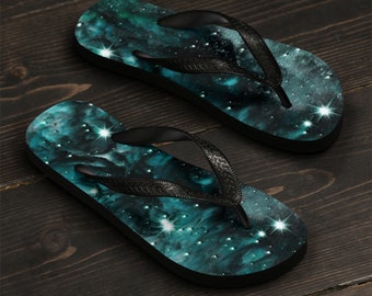 BEACHWEAR Fashion FLIP FLOPS Galaxy Flip Flops Thong Sandals Green Emerald and Black Flip Flops Unisex Flip-Flops Star Print Cosmic Footwear