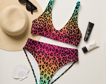 RAINBOW Cheetah Print BIKINI Womens High Waisted Bikini Top & Bottom Animal Print Bikini Set Women's Two Piece Swimsuit Womens Swimwear