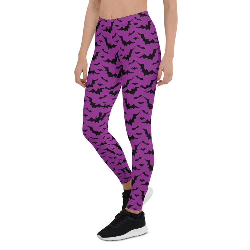HALLOWEEN LEGGINGS WOMENS Bat Print Leggings Purple and Black Bat Leggings  Womens Yoga Pants Yoga Leggings Women's Regular & Plus Sizes