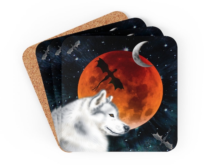 FULL MOON WOLF Coasters Set of Four Corkwood Coaster Set White Wolf Dire Wolf Dragon Moon Cosmic Galaxy Coasters Home Decor Gift for Home