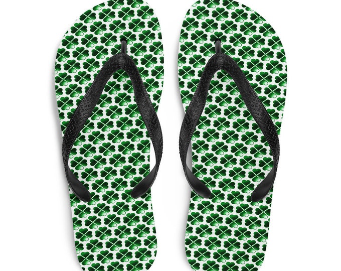 St. Patricks Day FLIP FLOPS Shamrock Flip Flops Clover Flip-Flops Adult Unisex Flip Flops for Saint Patricks Day Green & White Thong Sandals