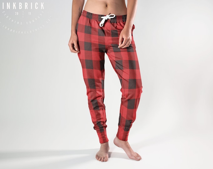 Red and Black BUFFALO PLAID JOGGERS for Adults Christmas Red and Black Buffalo Check Plaid Sweat Pants Pajama Pants Women's or Men's Joggers