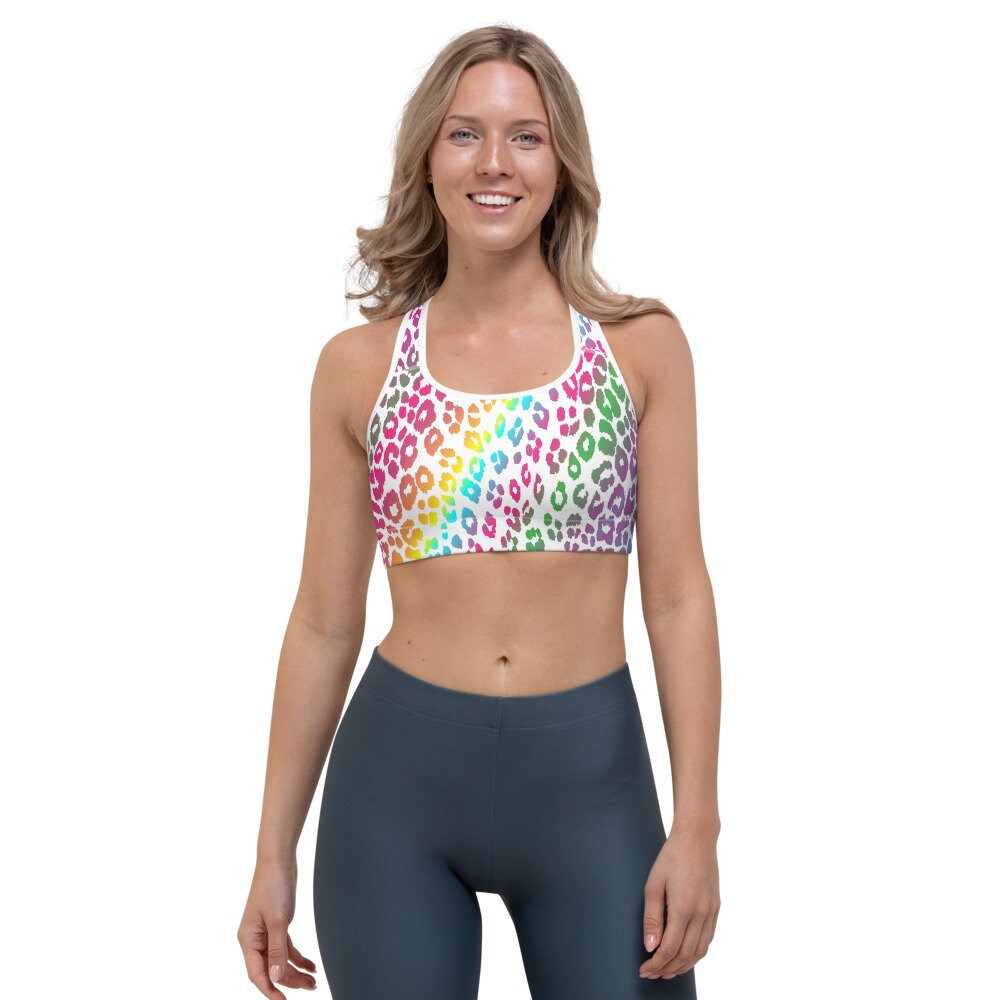 Sports bra WOMENS Cheetah Print SPORTS BRA Rainbow Cheetah Print Work Out  Top Work Out Bra Gym Clothing Yoga Bra Rave Clothing Bralette