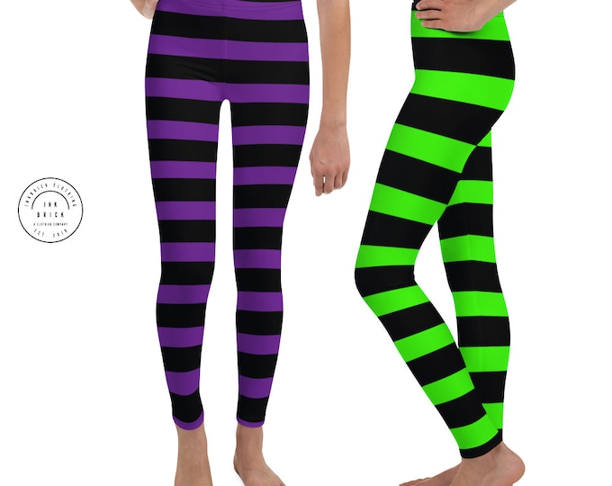 Green and Black Witch Striped LEGGINGS HALLOWEEN Youth Leggings GIRLS Witch Yoga Pants Yoga Leggings for Girls Kids Leggings Junior Leggings