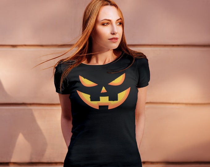 Jack O' Lantern T-SHIRT HALLOWEEN Tee Shirt for Women Halloween Clothing Black and Orange Women’s Slim Fit T-Shirt Graphic Tee Shirt for Her